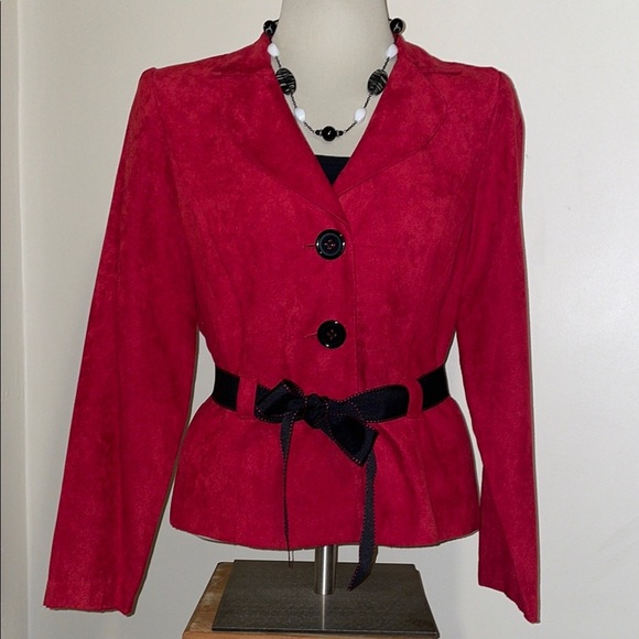 Elegant Red Women's Jacket. Faux Suede. Lightweight. Oversized buttons. Tie Belt - Picture 1 of 10